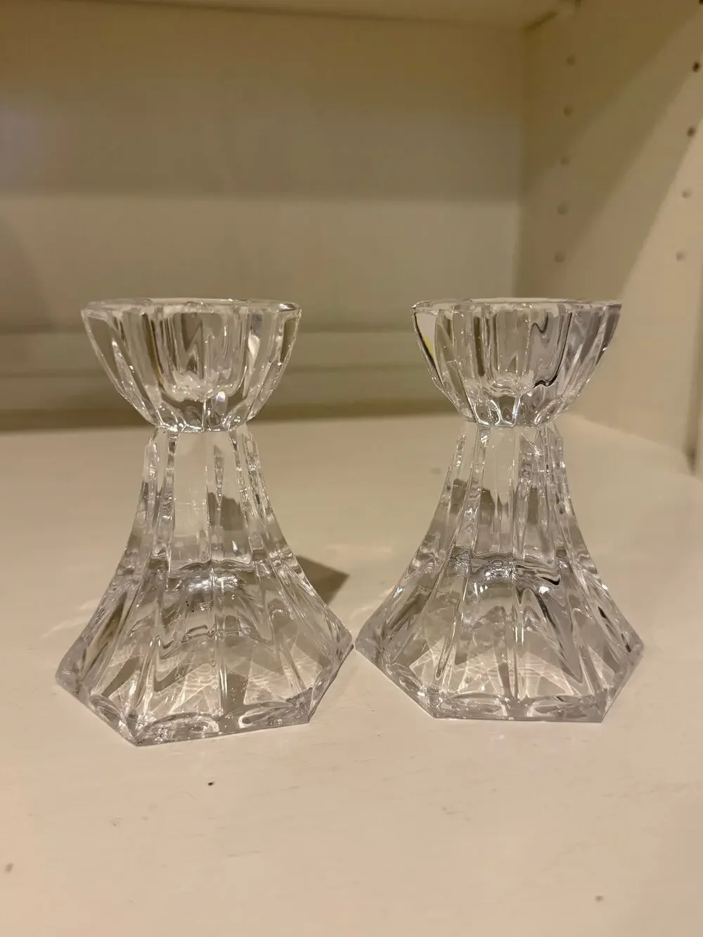 Vintage Clear Cut Crystal Candlestick Holders Pair Hexagonal Base Taper Candle